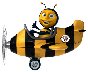 bee, yellow, Aviation NetworX logo, mascot, airplane, propeller, landing gear,