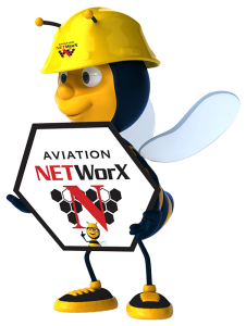 bee, yellow, Aviation NetworX logo, mascot, Aviation NetworX sign, hardhat
