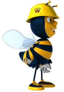 bee, yellow, Aviation NetworX logo, wrench, hardhat, mascot